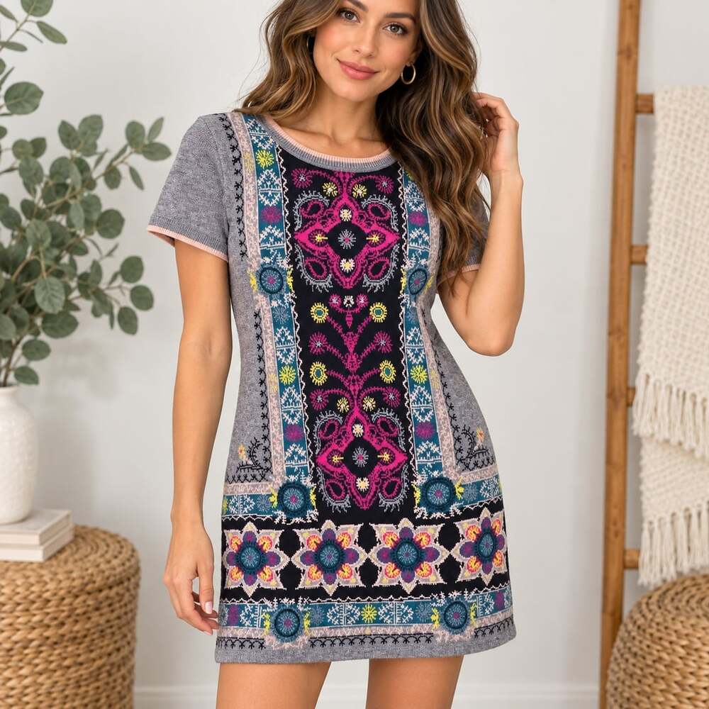 Anthropologie Akemi + Kin Sweater Dress SP Fair Isle Boho Folk Art Knit